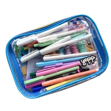 Imagem de Genérico Kit de Material Escolar - Estojo Transparente com Canetas Esferográficas Coloridas, Brush Pen, Fine Line e Marca Texto