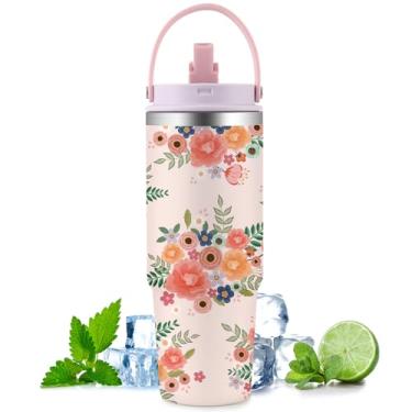 Imagem de Ochapa Copo de flores, garrafa de água de aço inoxidável de 850 g com alça, canudo, caneca de viagem à prova de vazamento, xícara de café, aniversário dia das mães, para mulheres,