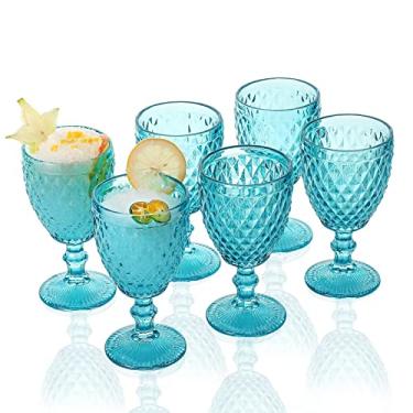 Imagem de 1500 C Tabletop Copos de cálice de cor azul 290 ml conjunto de 6 taças de água vintage em relevo com padrão de diamante para chá gelado bebida para festa e casamento