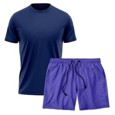 Imagem de Kit Short Praia Academia Passeio Treino Azul + Camiseta Manga Curta Masculina-Masculino