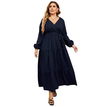 Imagem de KOJOOIN Vestido feminino plus size com decote em V, manga comprida, cintura alta, babados e cinto, Manga comprida azul-marinho, XGG