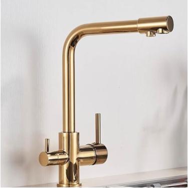 Imagem de Torneira de cozinha com filtro cromado, torneira de cozinha para água potável pura, montada no deck, alças duplas, misturador de água quente e fria de 3 vias, dourado A