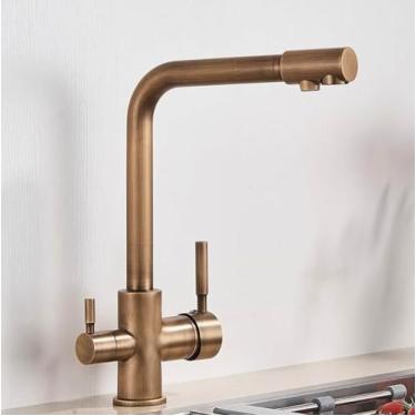Imagem de Torneira de cozinha com filtro cromado, torneira de cozinha para água potável pura, montada no deck, alças duplas, misturador de água quente e fria de 3 vias, latão antigo