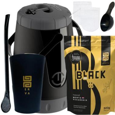 Imagem de Kit Para Tereré Black Erva Mate 500g+Garrafa Lisa+Copo Caldereta Preto