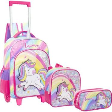Imagem de Kit Mochila de Rodinha Lancheira e Estojo Unicórnio Yepp MIF5339-C, Ro