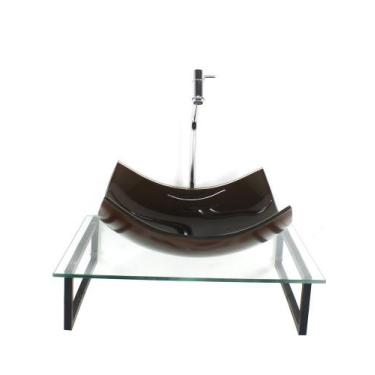 Imagem de Kit cuba de vidro retangular 10mm marrom tampo 50cm incolor com suport