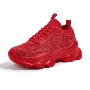Imagem de LUCKY STEP Tênis feminino de strass grosso, brilhante, de malha deslumbrante, sem cadarço, elástico, com glitter, rave, Strass vermelho, 37