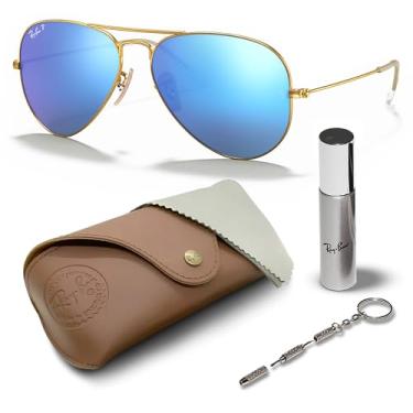 Imagem de Ray-Ban RB3025 Óculos de sol clássicos em formato de aviador com kit de óculos – Óculos de sol retrô, Armação dourada fosca | Lente azul, 58mm