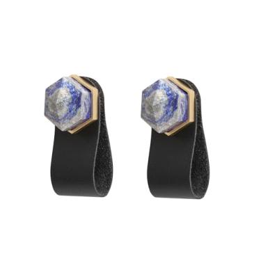 Imagem de Rockcloud Conjunto de 2 maçanetas hexagonais de cristal lápis-lazúli puxadores de armário para móveis com alças de couro preto