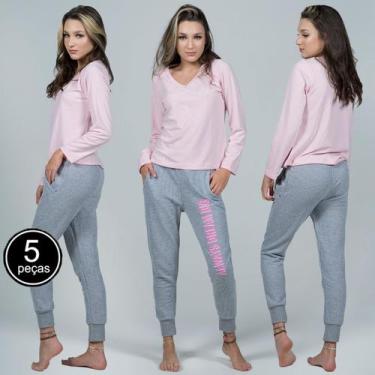 Imagem de Kit 5 Pijamas Adolescente Feminino Blusa Longa e Calça Jogger - Bella 