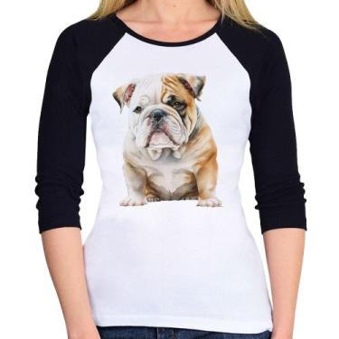 Imagem de Baby Look Raglan Bulldog-Inglês Manga 3/4 - Foca na Moda, Branco, Pret