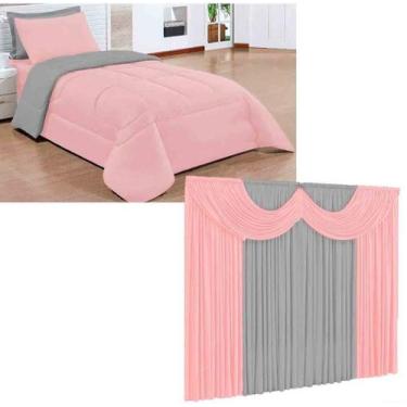 Imagem de Kit Edredom Solteiro Ternura Dupla Face + Cortina Rosa Cinza - DUCASA 