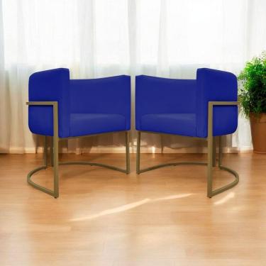 Imagem de Kit 2 Poltronas Decorativas Recepção Luna Tecido Sintético Base De Ferro Dourada Azul Royal Corino