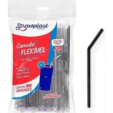 Imagem de Canudo Flexível Preto Strawplast Pacote Com 100 Unidades