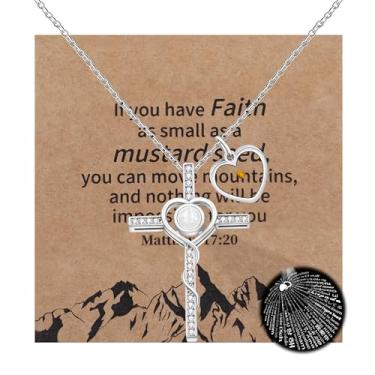 Imagem de Vivaday Colar feminino com cruz de coração religioso | Pingente de zircônia com projeção I Love You in 100 Languages com pingente de semente de mostarda e cartão de fé | Presente cristão para