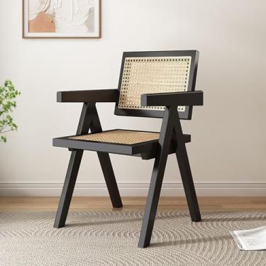 Imagem de RIRPUAE Cadeira de jantar de vime, bengala de cozinha de madeira, braço confortável com encosto e assento trançados, para sala de estar, quarto, cozinha, cadeiras de jantar (cor preta)