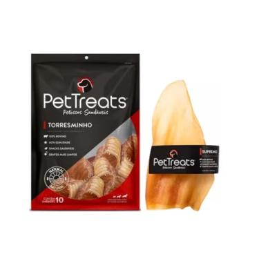 Imagem de Mordedor Natural Traquéia Bovina Cortada c/ 10un Torresminho PetTreats + Petisco Orelha Bovina Supremo PetTreats - Kit Para Cães