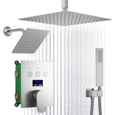 Imagem de WHSHOWER Sistema de Chuveiro de Chuva de Níquel Escovado com Display Digital Lcd, Sistema de Chuveiro com Display de Temperatura, Sistema de Chuveiro com Cabeças de Chuveiro de Chu (, Níquel Escovado)