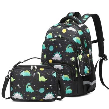 Imagem de MIRLEWAIY Mochila infantil de 15,7 polegadas, conjunto de 3 peças com lancheira, bolsa de lápis para escola, meninas, meninos e estudantes, Dinasour preto, Large, Mochilas Daypack