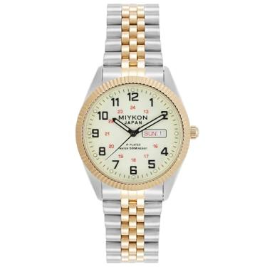 Imagem de Miykon Relógios masculinos prateados e dourados | Relógio social masculino Day Date com cristais genuínos e pulseira de aço inoxidável | Polido, ponteiros Lume, vidro antiarranhões, quartzo japonês,