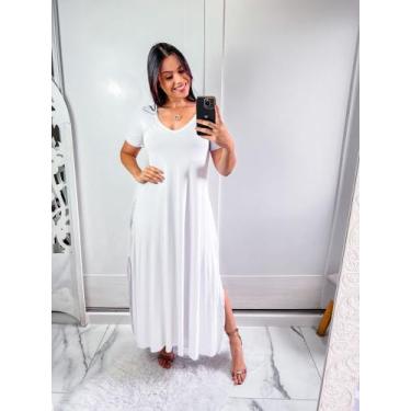 Imagem de vestido gola V com bolço e fenda lateral - MK MODAS, Branco, G