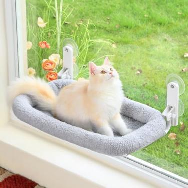 Imagem de Zakkart Rede dobrável para janela para gatos – Cama acolchoada lavável à máquina, sem fio, moldura de metal robusta – Poleiro de janela para gatos grandes e gatinhos (cama reforçada cinza, média)