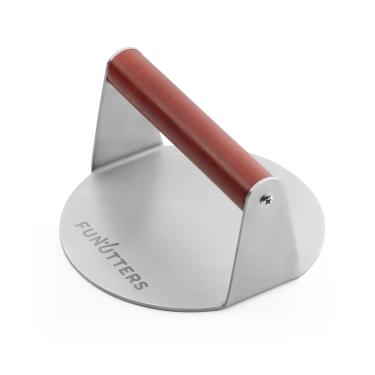 Imagem de FUNUTTERS Prensa de hambúrguer de aço inoxidável com cabo de madeira, molde de metal redondo de 15 cm resistente para cozinhar e grelhar, churrasqueira e acessório de chapa plana