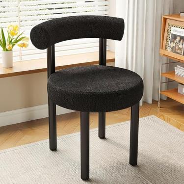 Imagem de Cadeira de jantar estofada Sherpa, cadeiras modernas de cozinha Vanity Chai com encosto curvo, cadeira de sala de jantar Boucle com pernas de metal para sala de estar/recepção/quarto, preta,