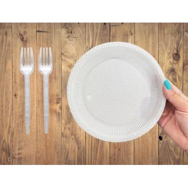 Imagem de Kit Festa Descartável Pratos e Garfos de Sobremesa e Bolo 100un / 200u