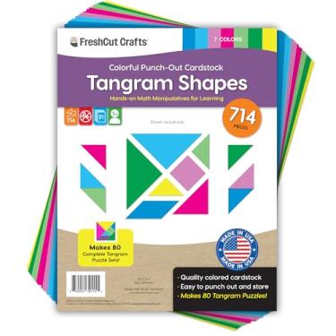 Imagem de 714 peças de formas de tangram fáceis de perfurar manipulativos matemáticos para aprender triângulos multicoloridos, quadrados, paralelogramas, recortes em formato de papel de perfuração fácil em 7