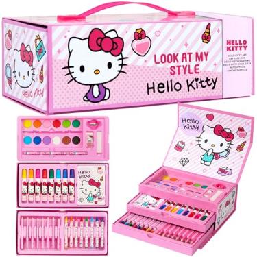 Imagem de Hello Kitty Lápis de cor suprimentos de arte kit de desenho infantil material escolar kit de pintura lápis de desenho meninas kit de arte estojo de viagem com giz de cera artes e artesanato para