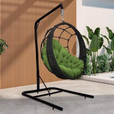 Imagem de Cadeira Balanço Ninho Suspenso Em Corda Náutica Luxo Com Suporte Preto-verde