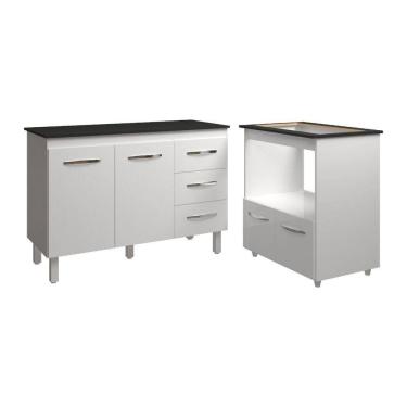 Imagem de Balcão Armário Gabinete Bruna 118 Cm Branco Com Tampo Preto E Balcão Evelyn Para Cooktop 5 Bocas Branco
