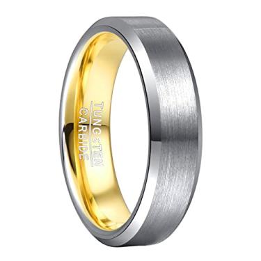 Imagem de NUNCAD Anel de tungstênio masculino 8 mm preto/dourado prata carboneto de tungstênio aliança de noivado noivado acabamento fosco escovado anel de compromisso abobadado conforto tamanho 6-13, 9, Ouro,