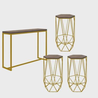 Imagem de Kit 3 Banquetas Liz + 1 Mesa Bancada Mavie 150cm Industrial Ferro Dourado mdf Rústico - Ahazzo Móveis