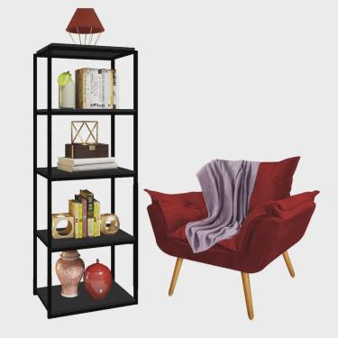 Imagem de Kit Poltrona Fatte com Manta Soft Lilás e Estante Livreiro Ferro Preto mdf Preto Suede Vermelho - Ahazzo Móveis