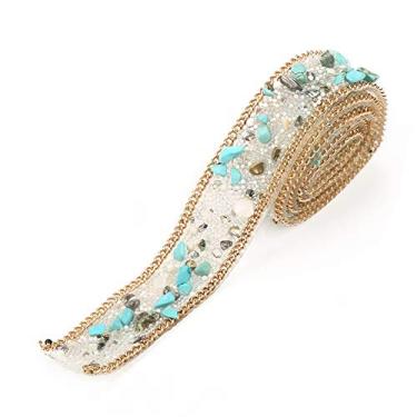 Imagem de Akozon Crystal Badyd Rhinestone Iron-on Trop Patch, 1m de 2 Cm de Largura, Bandagem de de Casamento de Cristal Multifuncional para Roupas, Bolsa, Sapatos e Muito Mais-projeto de Artesanato Versátil (Green + contas de arroz + corrente de ouro)