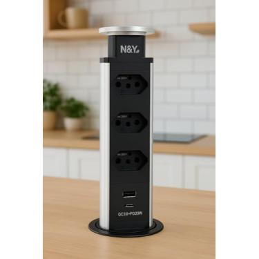 Imagem de Torre de Tomada N&Y 3 tomadas + USB + USB tipo C Turbo 20W Embutir Cozinha Mesa Reunião Premium
