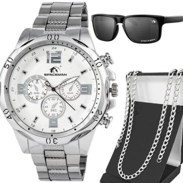 Imagem de Relógio Masculino Prata Aço Inoxidável + Cordão + Óculos Sol - Orizom
