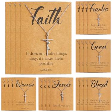 Imagem de ZOIIWA 24 colares de cruz de fé, presentes cristãos em massa para mulheres, colar com versículo da Bíblia, cartão de escritura religiosa, pingente de cruz, joia inspiradora, presente para o dia das