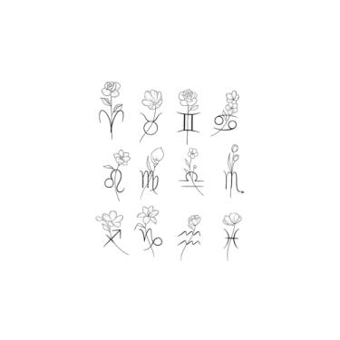 Imagem de Tatuagem semipermanente, flores dos doze signos do zodíaco, tatuagens de flores, resiliência, aparência de tatuagem real, resistente à água, dura de 1 a 2 semanas,18 x 11 cm