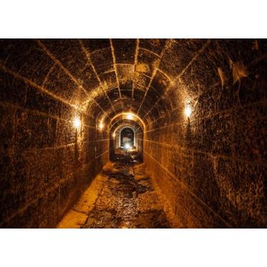 Imagem de Loccor Pano de fundo de túnel de drenagem subterrâneo escuro de tecido de 2,1 x 1,5 m assustador histórico abobadado com túnel inundado para decoração de festa temática assustadora, adereços
