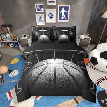 Imagem de Erosebridal Conjunto de edredom de basquete tamanho solteiro para meninos, preto e cinza, para adolescentes, jogos de bola esportivos, cama de solteiro em uma bolsa, 7 peças, decoração de quarto de