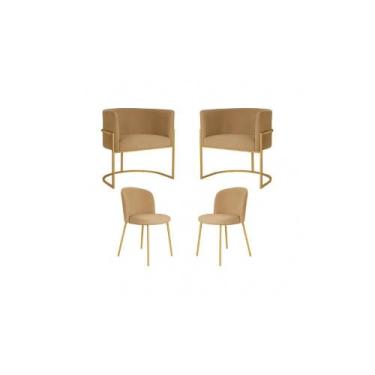 Imagem de Kit 2Poltronas Decorativa Luana Base Gold e 2 Cadeiras Elegance Veludo