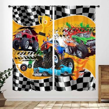 Imagem de Cortinas Monster Truck para quarto de meninos, desenho animado frota carro de corrida estádio jogo bandeira chama legal tema de corrida cortinas de janela tratamentos para quarto de crianças, sala de