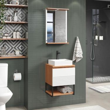 Imagem de Conjunto Para Banheiro Gabinete Suspenso 40cm 1 Porta 1 Prateleira Com Cuba E Espelheira Com Led 1 Prateleira Orion