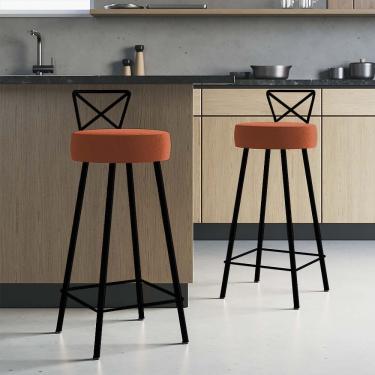 Imagem de Kit 02 Banqueta Alta Com Encosto Tânya Eiffel Cozinha Ferro Preto Corino Laranja - Amey Decor