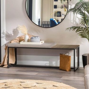 Imagem de Banco Recamier Puff 140cm Industrial Preto Corino Bege Tampo Quadrado Mdf Marmorizado