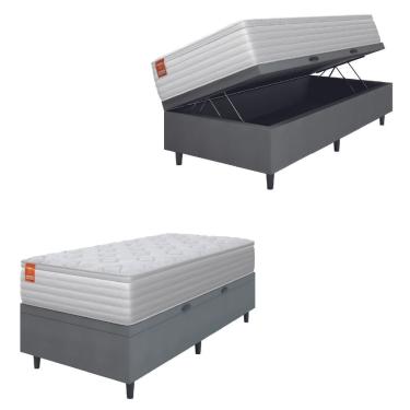 Imagem de Cama Box Baú Colchão Solteiro Molas Ensacadas Real 88x188x68cm Branco/cinza Inducol Cinza