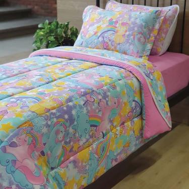 Imagem de Kit Edredom Alegria Dupla Face Solteiro 2 Peças Malha Estampada 100% Algodão - Unicórnio